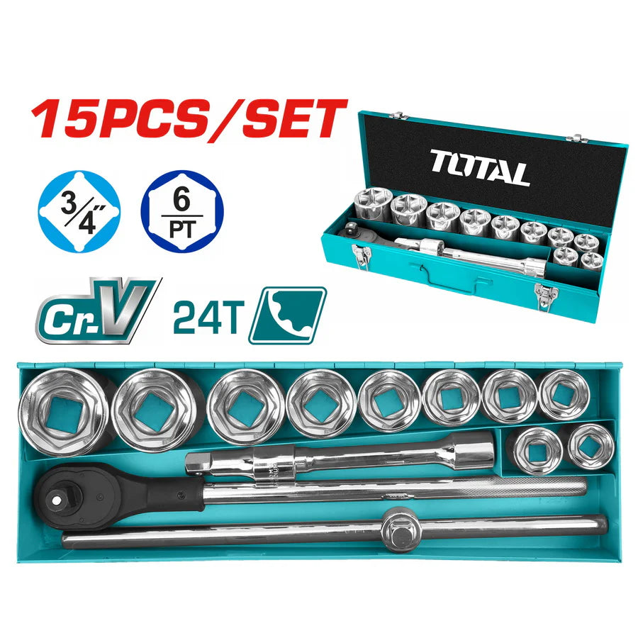 TOTAL THT341151 15 Pcs 3/4" Drive Socket Set 30-60mm Total